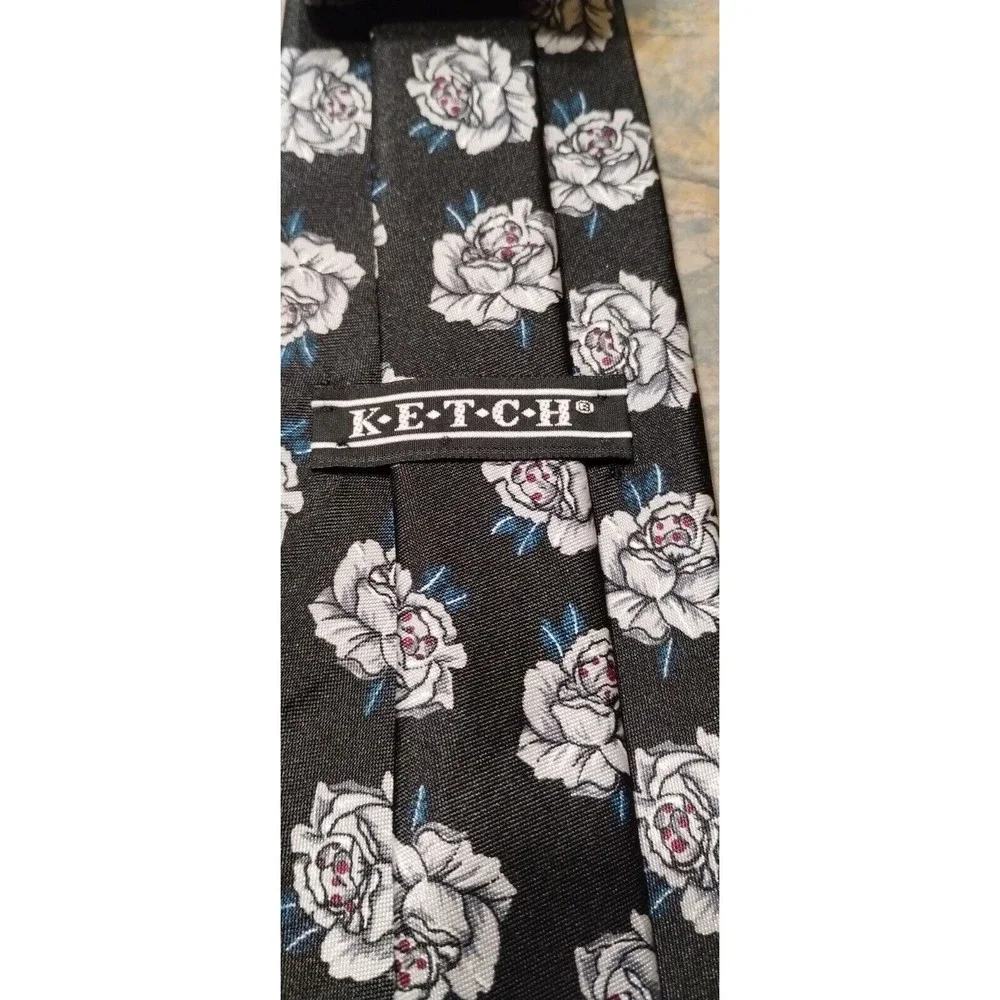black NECK TIE BY K*E*T*C*H 95% POLYESTER 5 % silk FINE MENS WEAR white rose